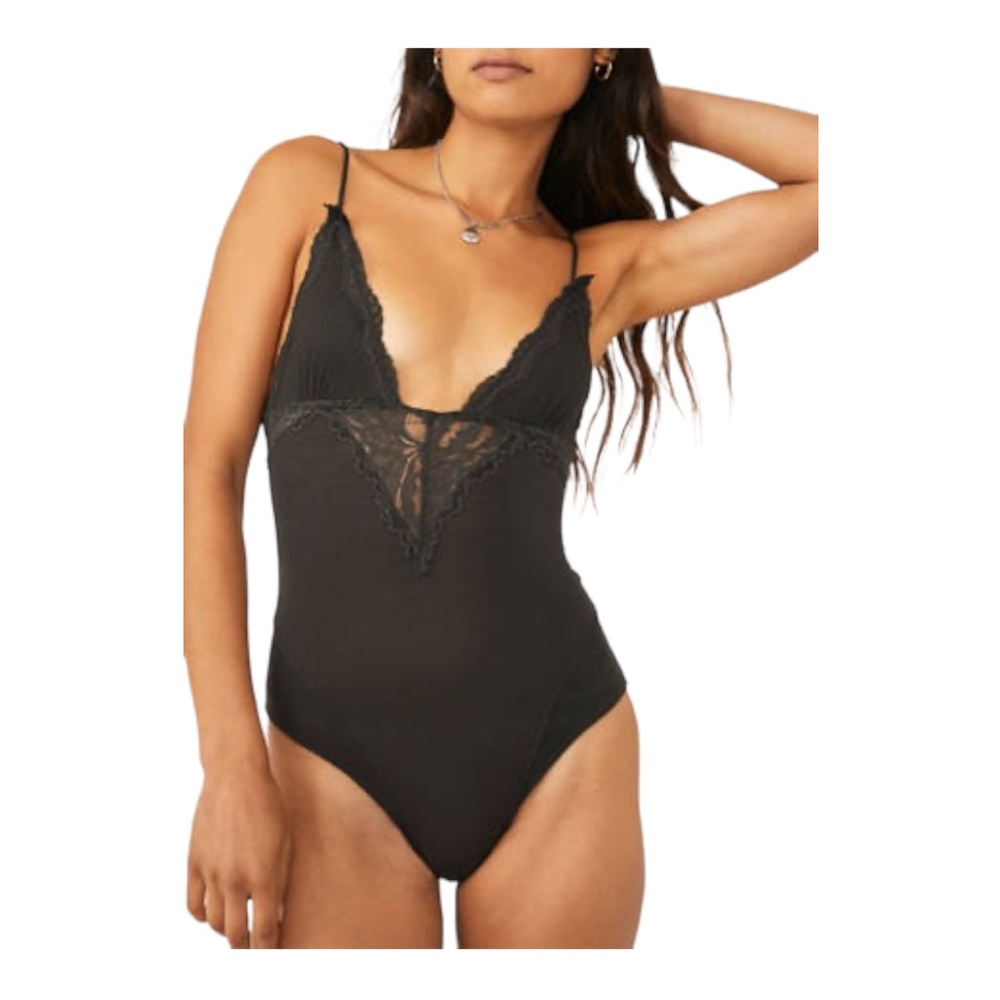 Free People Black Lace-Trim V-Neck Bodysuit